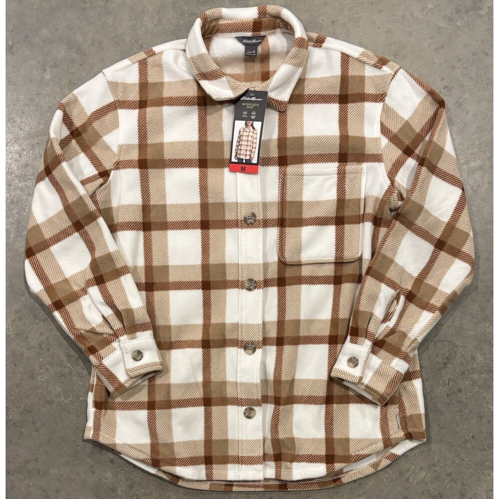 NEW Eddie Bauer Microfleece Button Up Shirt Womens M Brown Plaid Long Sleeve
